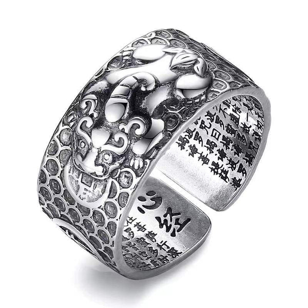 Zilveren draakring met Chinese karakters, open ontwerp, gedetailleerd drakenmotief, verstelbaar, unisex sieraden, oosterse stijl.