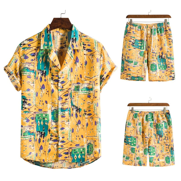 Geel en groen heren zomer set met abstract patroon, korte mouwen en korte broek, casual strandkleding, comfortabele en modieuze outfit.