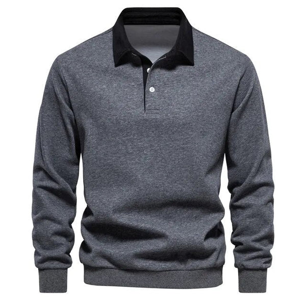 Grijze herentrui met zwarte kraag, lange mouwen en knoopsluiting. Stijlvolle casual kleding voor heren, perfect voor herfst en winter.