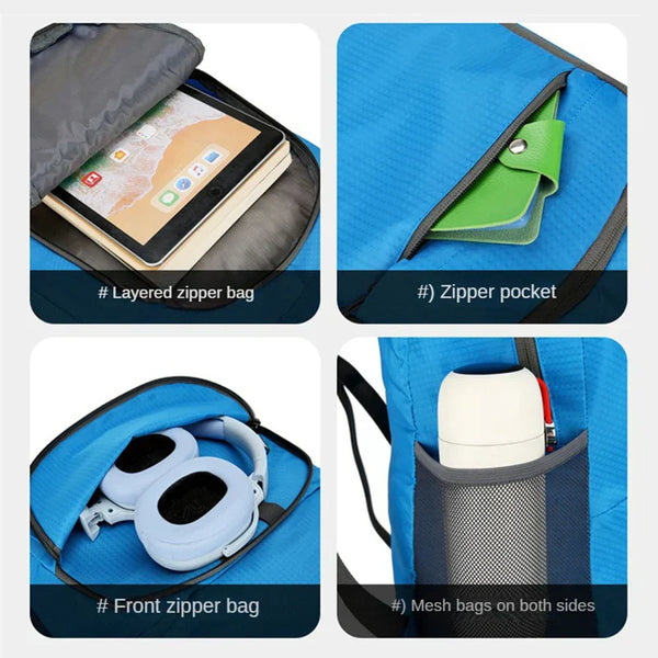 Blauwe rugzak met meerdere vakken, inclusief ritsvak voor tablet, zijvakken voor fles en koptelefoonopslag. Ideaal voor reizen en dagelijks gebruik.