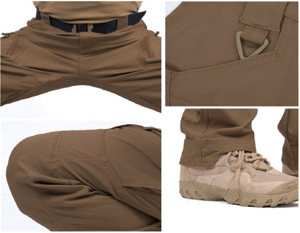 Bruine tactische broek met zakken, riemlussen en beige wandelschoenen. Ideaal voor outdooractiviteiten en avontuurlijke wandeltochten.