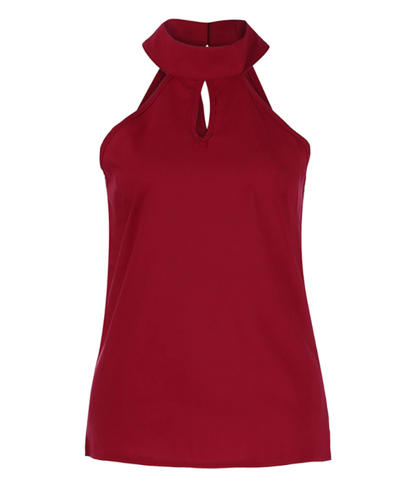Rode mouwloze haltertop met keyhole detail, elegante damesmode, perfect voor zomeroutfits en casual gelegenheden.