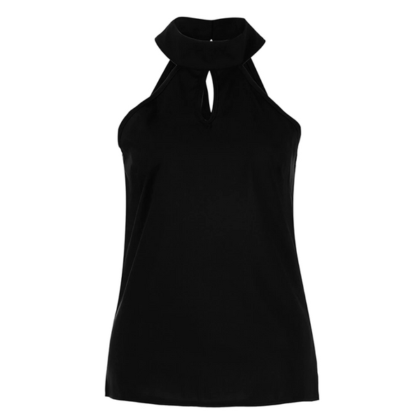 Zwarte haltertop dames, mouwloos met hoge hals en sleutelgatdetail. Perfect voor casual en formele gelegenheden. Trendy damesmode.