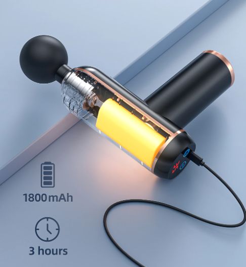 Draadloze massagepistool met transparante behuizing, 1800mAh batterij, oplaadtijd 3 uur. Ideaal voor spierontspanning en herstel.
