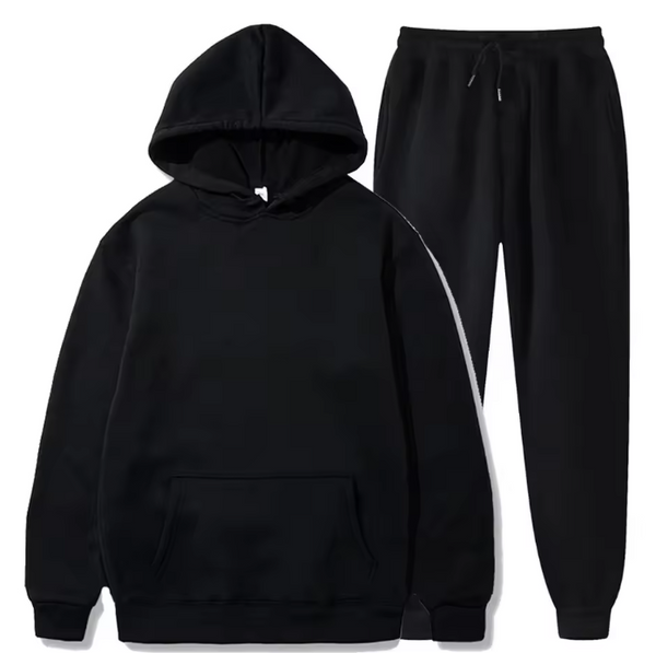 Zwarte hoodie en joggingbroek set voor heren, comfortabel en stijlvol, ideaal voor casual en sportieve outfits. Perfect voor dagelijks gebruik.