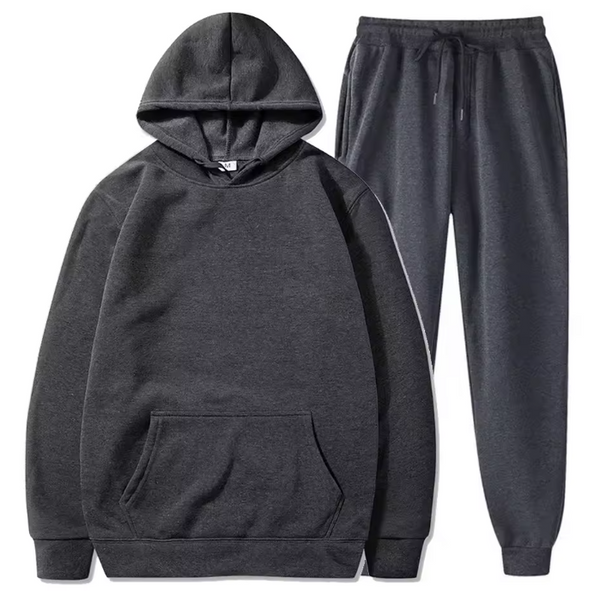 Donkergrijs unisex joggingpak met capuchon en trekkoord, comfortabele katoenen hoodie en joggingbroek set, ideaal voor casual en sportieve outfits.