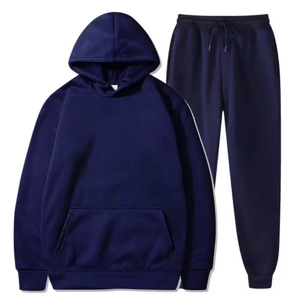 Donkerblauwe hoodie en joggingbroek set, uniseks sportkleding, comfortabele katoenen stof, casual en trendy outfit voor dagelijks gebruik.