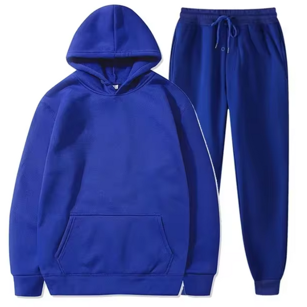 Blauwe hoodie en joggingbroek set, uniseks sportkleding, comfortabele katoenen stof, casual outfit voor dagelijks gebruik, modieuze loungewear.