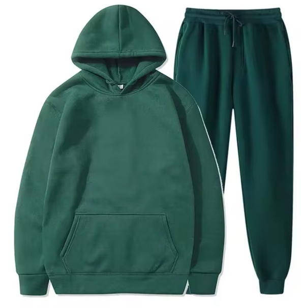 Donkergroene unisex hoodie en joggingbroek set, comfortabele sportkleding, casual loungewear, ideaal voor herfst en winter, modieuze streetwear.