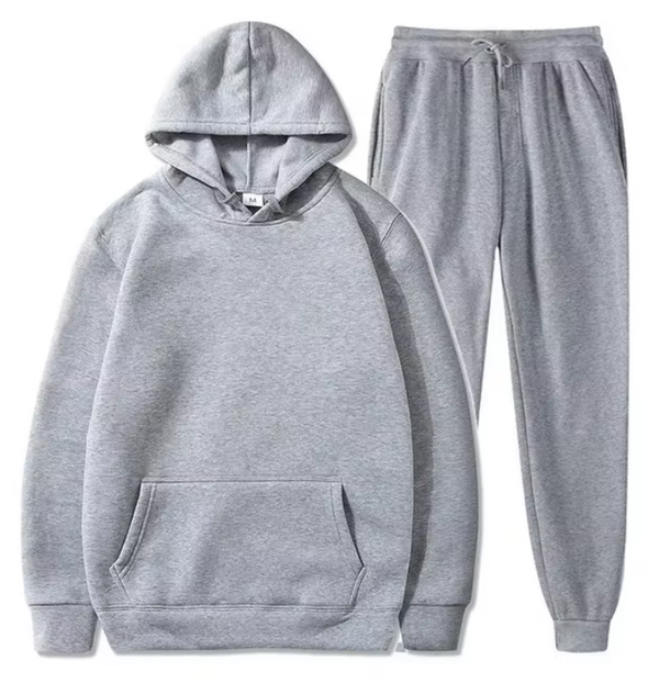 Grijze unisex hoodie en joggingbroek set, comfortabele katoenen loungewear, casual sportkleding voor heren en dames, ideaal voor dagelijks gebruik.
