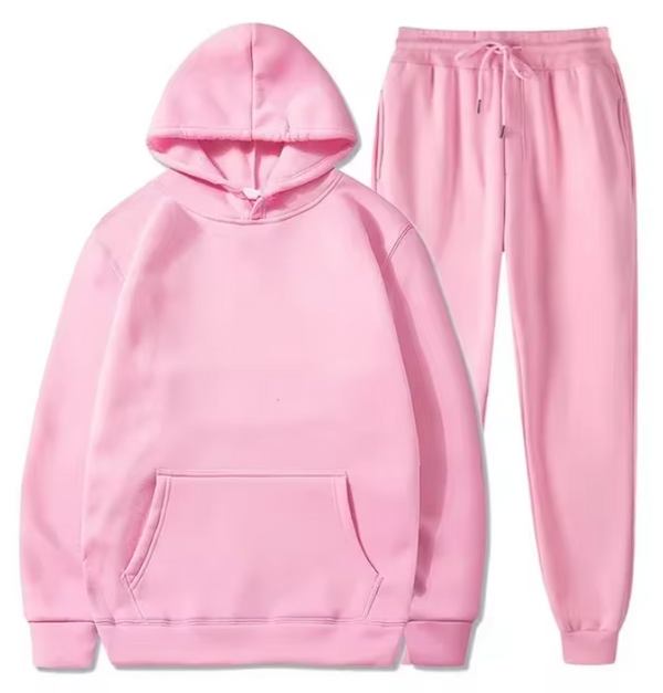 Roze hoodie en joggingbroek set voor dames, comfortabele loungewear, casual sportkleding, zachte katoenen stof, trendy mode, perfecte pasvorm.