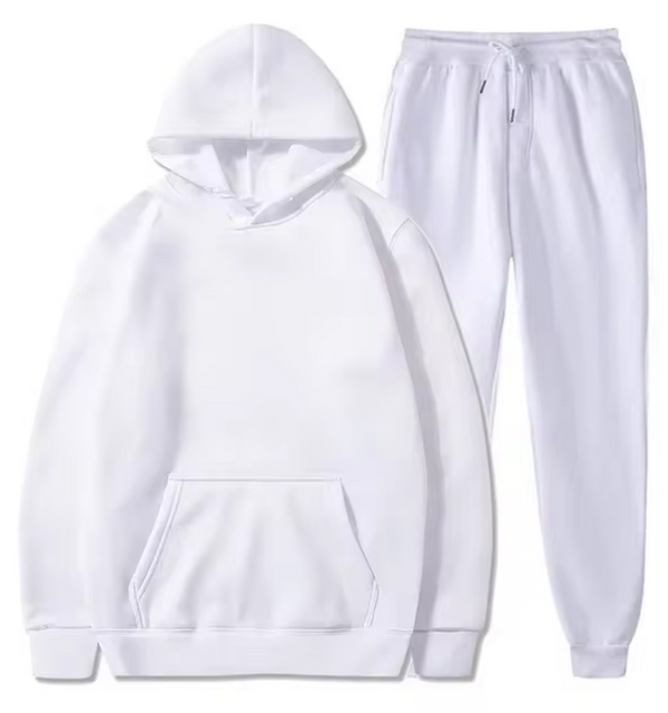 Witte hoodie en joggingbroek set, uniseks, comfortabel katoen, casual sportkleding, ideaal voor dagelijks gebruik en sportieve activiteiten.