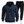 Donkerblauwe hoodie met rits en oranje accenten, gecombineerd met zwarte joggingbroek en witte sneakers. Comfortabele herenkleding set.