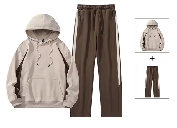 Beige hoodie en bruine joggingbroek set voor heren, comfortabele sportkleding, casual streetwear, ideaal voor dagelijks gebruik en sportactiviteiten.