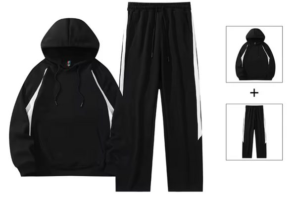 Zwarte hoodie en joggingbroek set met witte strepen, comfortabele sportkleding voor heren, casual en stijlvol, perfect voor dagelijks gebruik.