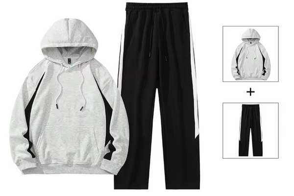 Grijs en zwart trainingspak met capuchon en joggingbroek, unisex sportkleding, comfortabele pasvorm, casual stijl, ideaal voor dagelijks gebruik.