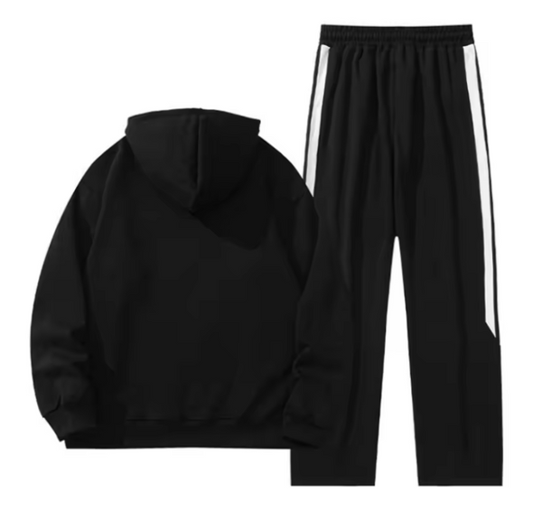 Zwarte hoodie en joggingbroek set met witte strepen, comfortabele sportkleding voor heren, casual en stijlvol, ideaal voor dagelijks gebruik.