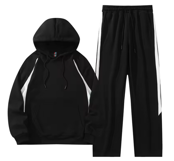 Zwarte hoodie en joggingbroek set met witte strepen, comfortabele sportkleding voor heren, ideaal voor casual en sportieve activiteiten.