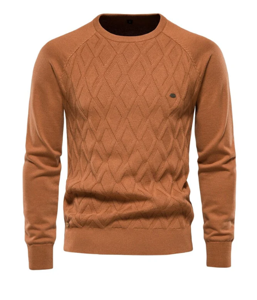 Bruine kabeltrui voor heren, ronde hals, lange mouwen, gebreid patroon, casual stijl, perfect voor herfst- en wintermode.