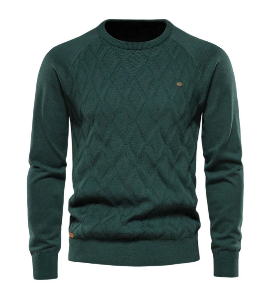 Donkergroene trui met kabelpatroon, ronde hals en lange mouwen. Stijlvolle herentrui, ideaal voor herfst- en wintermode. Comfortabel en warm.