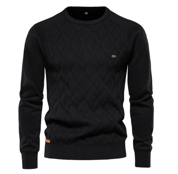 Zwarte gebreide trui met ruitpatroon, ronde hals en lange mouwen. Stijlvolle herentrui, ideaal voor casual en formele gelegenheden.