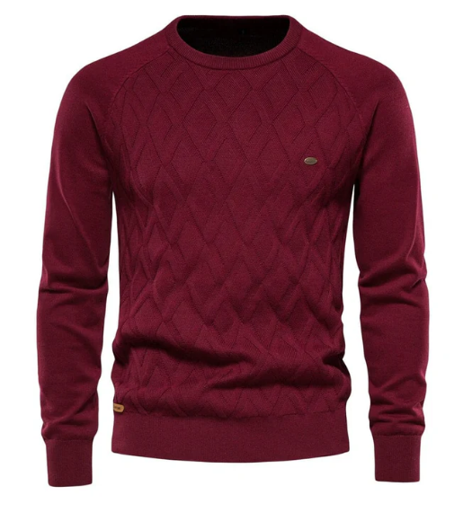 Bordeauxrode trui met ronde hals en ruitpatroon, gemaakt van katoenmix. Perfect voor herenmode, herfst- en winterkleding. Stijlvol en comfortabel.