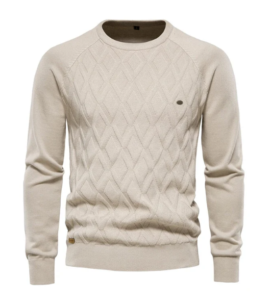 Beige heren trui met kabelpatroon, ronde hals en lange mouwen. Stijlvolle casual kleding, perfect voor herfst- en wintermode.