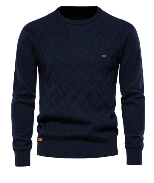 Donkerblauwe herentrui met ruitpatroon, ronde hals en lange mouwen. Stijlvolle casual sweater, perfect voor herfst- en wintermode.