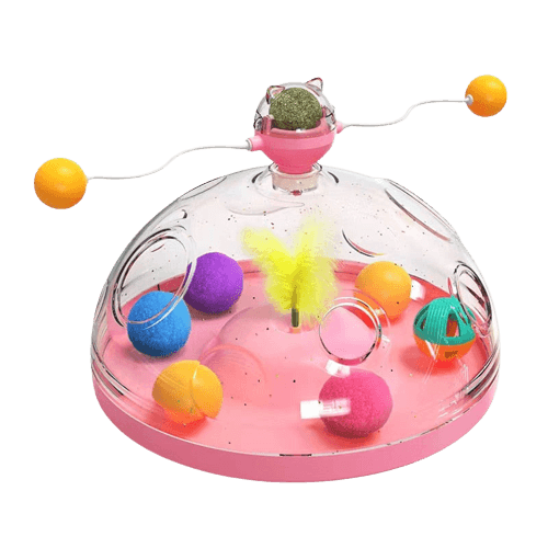 Transparant roze kattenspeelgoed met kleurrijke ballen en veer, interactieve speelbal voor katten, huisdierentherapie, duurzaam en onderhoudsvriendelijk.