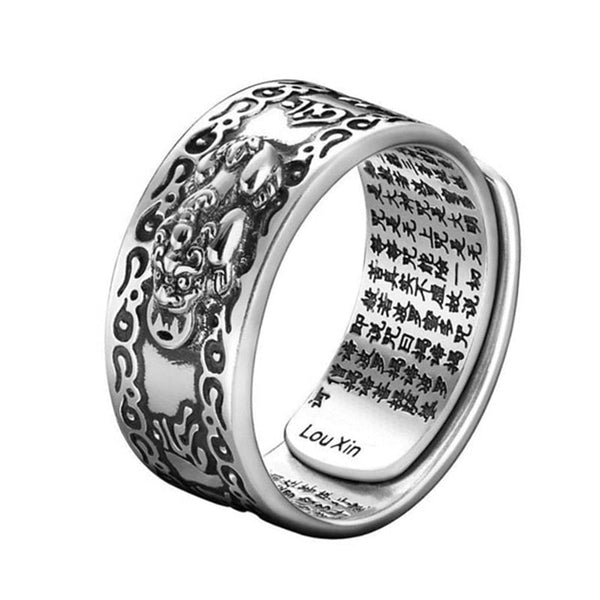 Zilveren ring met drakenmotief en gegraveerde Chinese karakters, Lou Xin ontwerp, sieradenaccessoire, unisex, cultureel geïnspireerd.