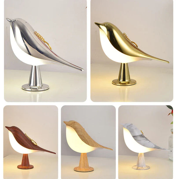 Vijf moderne vogelvormige tafellampen in zilver, goud, hout en marmer. Stijlvolle verlichting voor interieurdecoratie en sfeerverlichting.