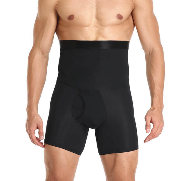 Man in zwarte hoge taille compressie boxershort, naadloos ontwerp, bevordert lichaamsvormen, ideaal voor sport en dagelijks gebruik.