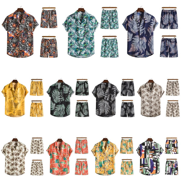 Heren zomerset met korte mouwen en shorts, diverse kleurrijke tropische prints, ideaal voor strandvakanties en casual zomeroutfits.