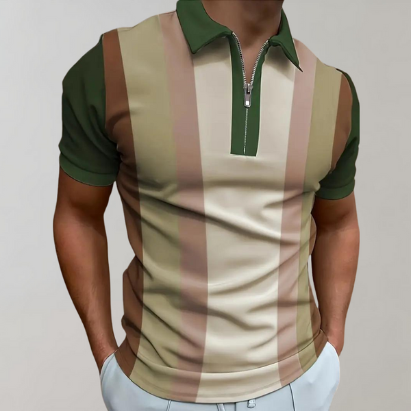Gestreept poloshirt met halve rits voor heren, groen en beige tinten, korte mouwen, casual en modieus ontwerp, perfect voor zomerse outfits.