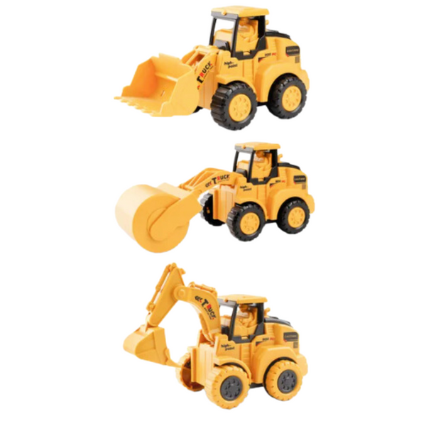 Set van 3 gele speelgoedbouwvoertuigen: bulldozer, wals en graafmachine. Ideaal voor kinderen, duurzaam en realistisch ontwerp.