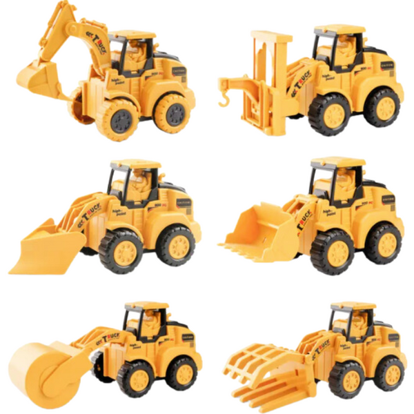 Set van 6 gele speelgoedbouwvoertuigen, inclusief graafmachines en bulldozers, ideaal voor kinderen. Perfect voor speelplezier en educatief gebruik.