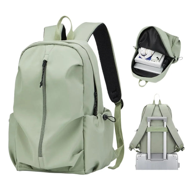 Lichtgroene rugzak met meerdere vakken, USB-oplaadpoort en kofferband. Ideaal voor reizen, school en werk. Waterbestendig en duurzaam ontwerp.