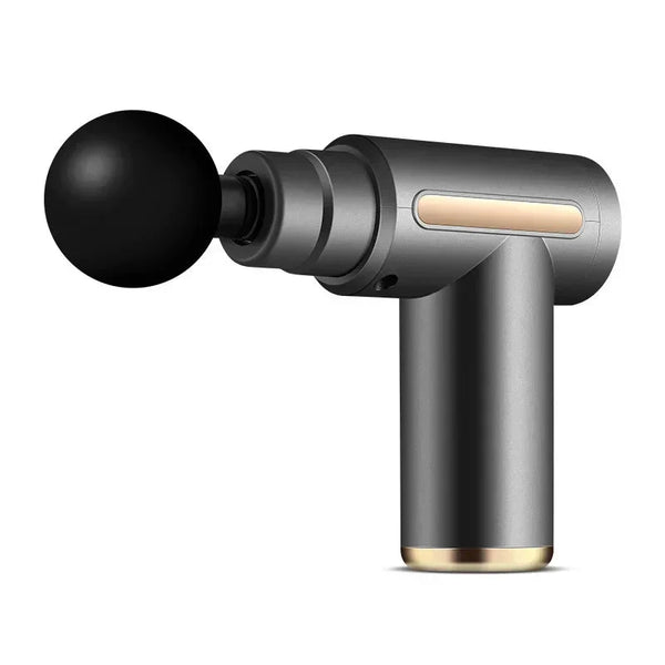 Draagbare massagepistool metaalgrijs, ergonomisch ontwerp, ideaal voor spierontspanning en herstel. Compact, krachtig, stille motor.
