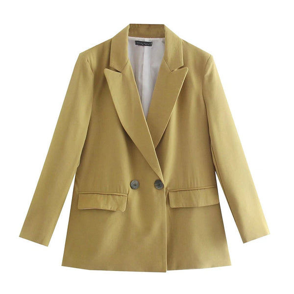 Mosterdgele damesblazer met dubbele knopen, lange mouwen en klassieke revers. Perfect voor zakelijke en casual outfits. Modieuze dameskleding.