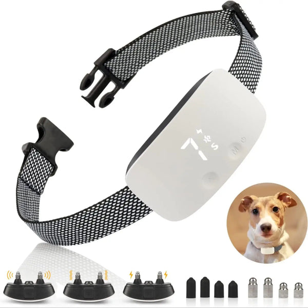 Hondenhalsband met anti-blaf functie, verstelbare riem, oplaadbaar, inclusief verschillende opzetstukken, ideaal voor training en gedragscorrectie.