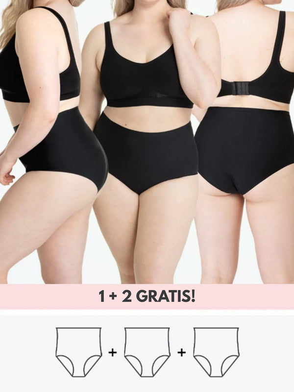 Zwarte dames shapewear set, bestaande uit een bh en hoge taille slip, getoond op drie modellen. Comfortabel, naadloos ontwerp. 1+2 gratis aanbieding.