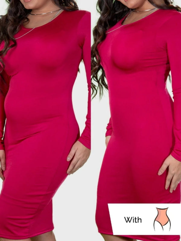 Twee afbeeldingen van een vrouw in een roze jurk, met en zonder zwarte shaperpanty. Verschil in taille en silhouet zichtbaar. Shapewear, slankmakend effect.