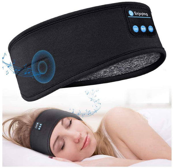 Zwarte slaapband met ingebouwde Bluetooth-hoofdtelefoon, ideaal voor comfortabel slapen en muziek luisteren. Perfect voor ontspanning en reizen.