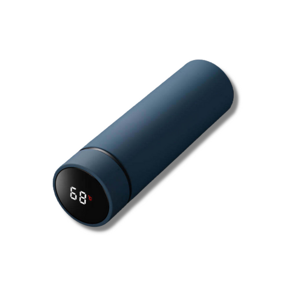 Blauwe slimme thermosfles met temperatuurweergave op het deksel, ideaal voor warme en koude dranken, draagbaar en stijlvol design.