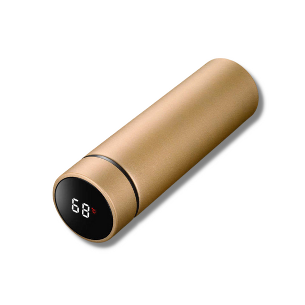 Gouden slimme thermosfles met temperatuurweergave op LED-display, ideaal voor warme en koude dranken. Innovatieve waterfles voor dagelijks gebruik.