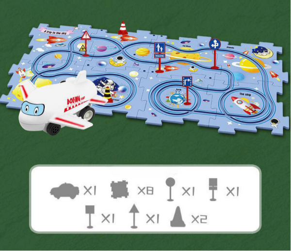 Speelmat met ruimte-thema en speelgoedvliegtuig, inclusief verkeersborden en puzzelstukken. Educatief speelgoed voor kinderen, ideaal voor fantasierijk spel.