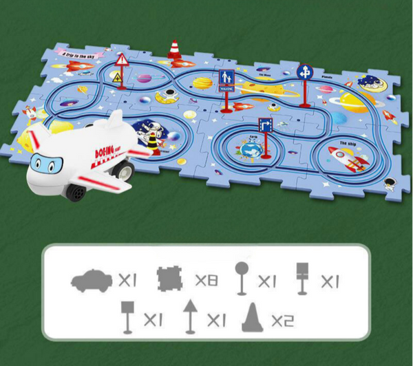 Speelmat met ruimte-thema en speelgoedvliegtuig, inclusief verkeersborden en planeten. Educatief speelgoed voor kinderen, ideaal voor fantasierijk spel.