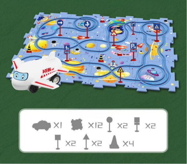 Speelmat met ruimte-thema en speelgoedvliegtuig, inclusief verkeersborden en planeten. Educatief speelgoed voor kinderen, ideaal voor fantasierijk spel.
