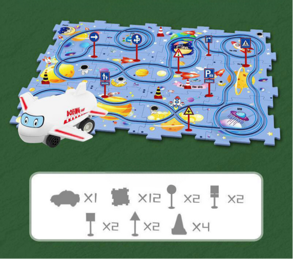Speelmat met ruimte-thema en vliegtuig, 25-delige puzzel, educatief speelgoed voor kinderen, kleurrijke planeten en verkeersborden, interactieve speelervaring.