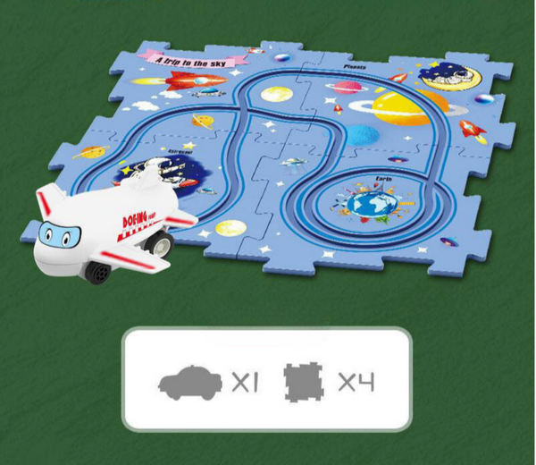 Speelmat met ruimte-thema en speelgoedvliegtuig, educatief ontwerp met planeten en sterren, ideaal voor kinderen, puzzelstukjes inbegrepen.